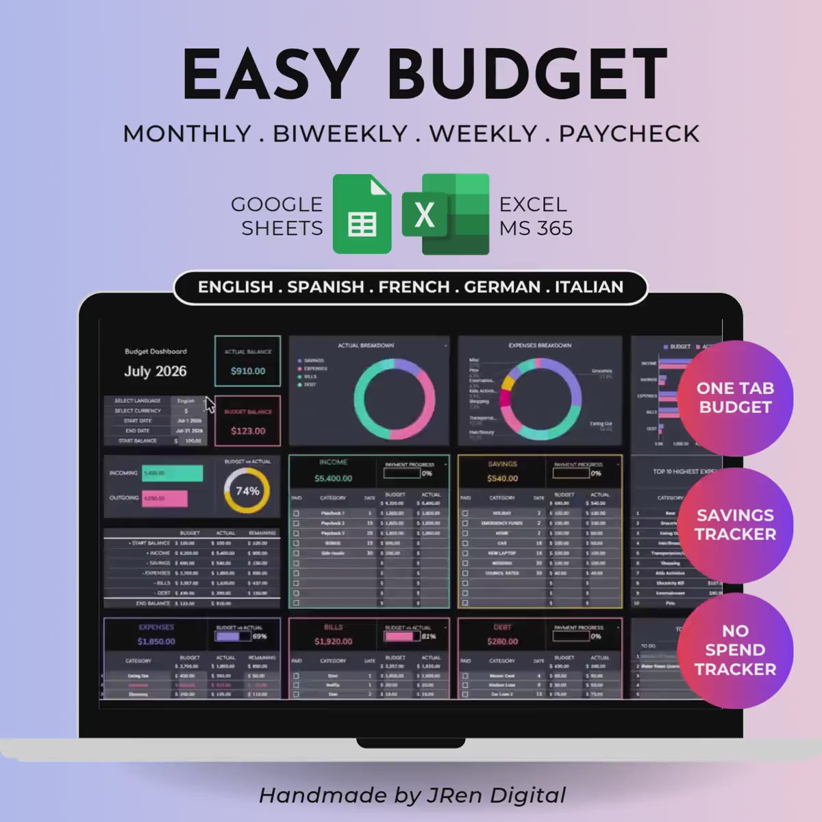 Simple Budget Planner one tab dashboard walkthrough in dark mode by JRen Digital