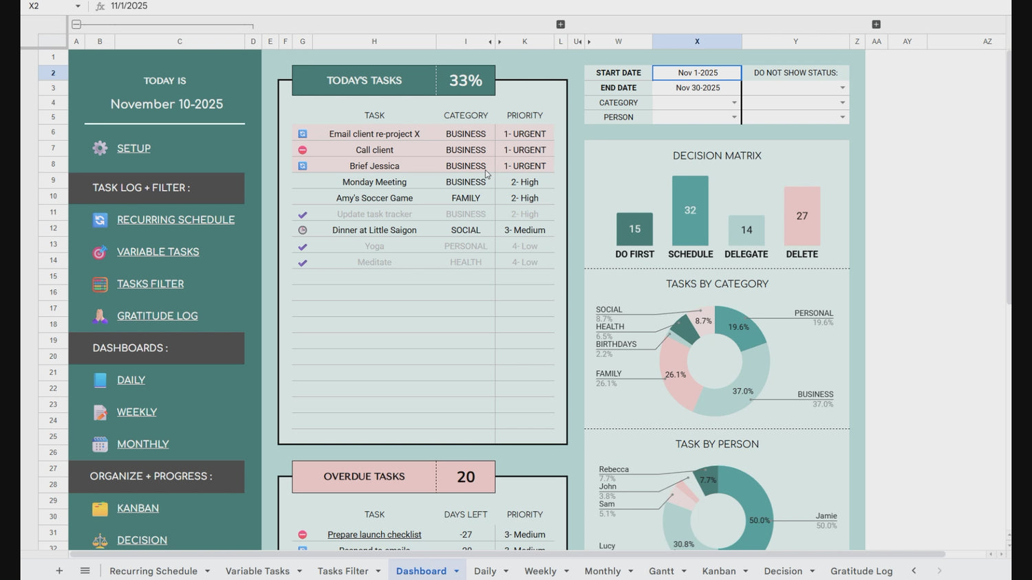 All-In-One Task Tracker & Project Planner - ADHD Friendly | Excel & Google Sheets (Green)