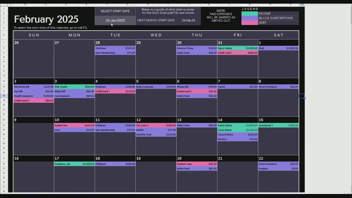 Ultimate Financial Planner Bundle dashboard walkthrough in dark mode by JRen Digital