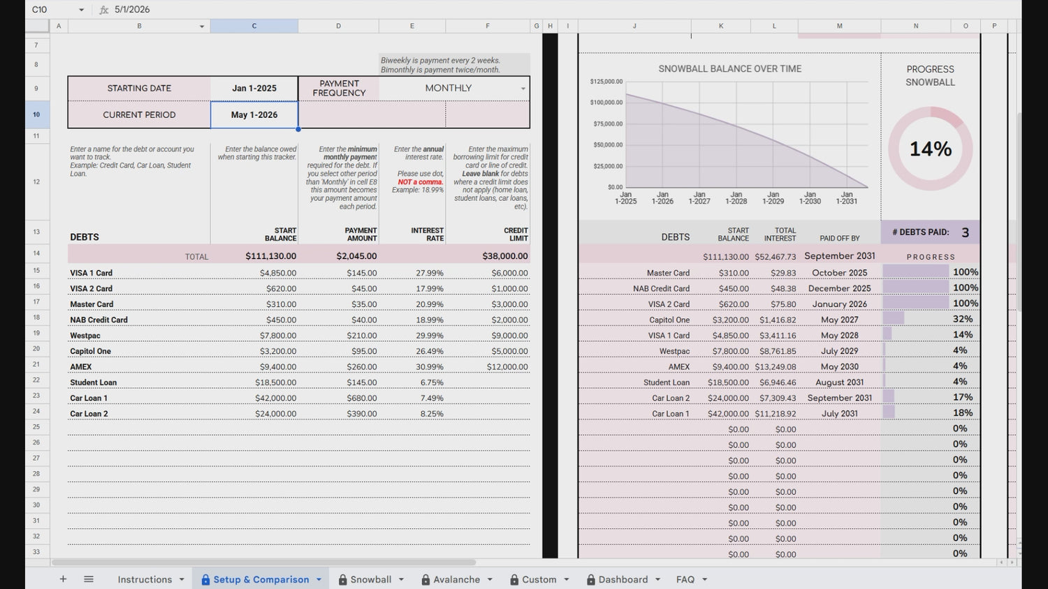 The Complete Debt Payoff Planner - Google Sheets & Excel Spreadsheet (Purple Pink)