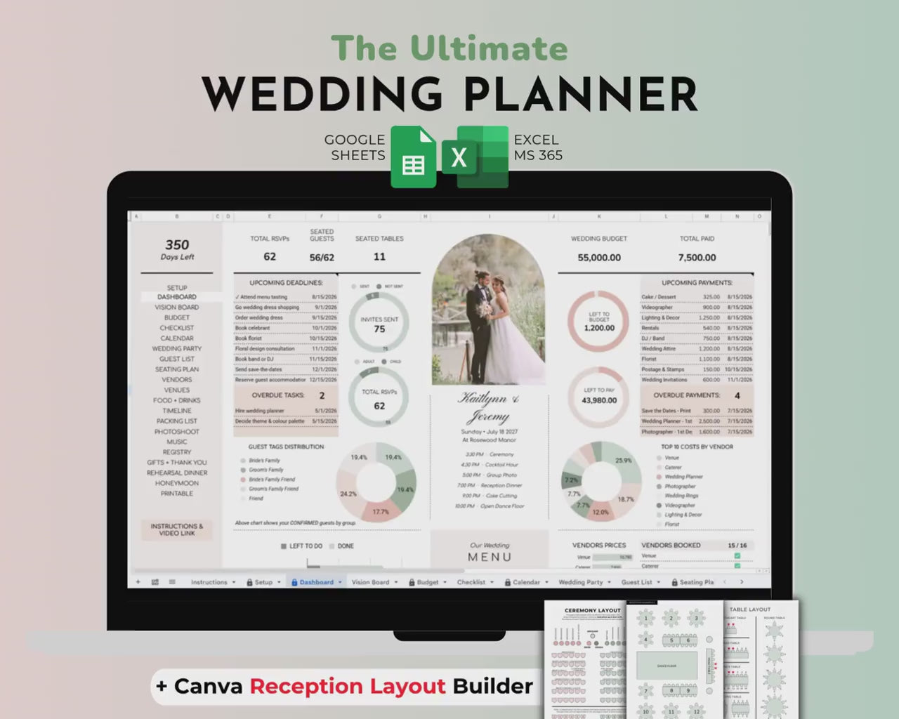The Ultimate Wedding Planner - Google Sheets & Excel Spreadsheet (Sage)