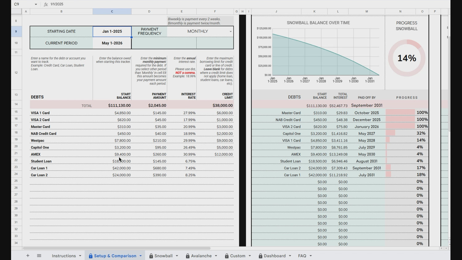 The Complete Debt Payoff Planner - Google Sheets & Excel Spreadsheet (Teal Green)